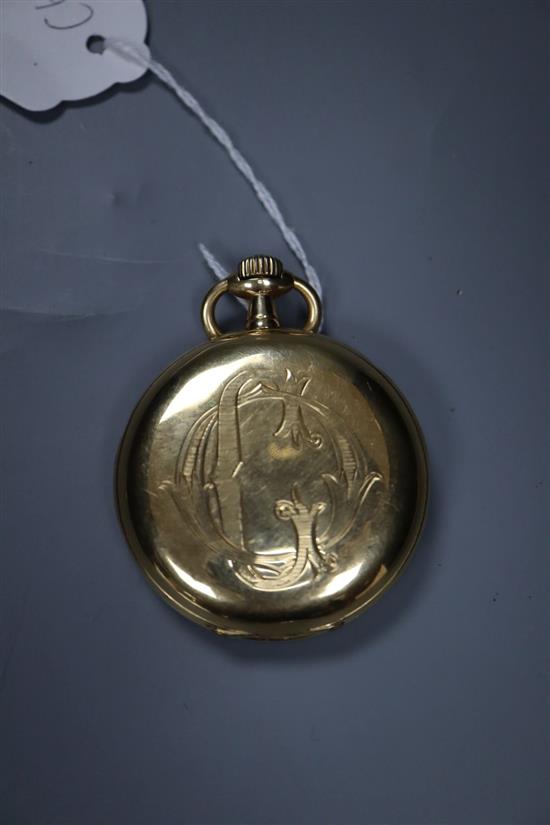 A continental 750 yellow metal hunter keyless pocket watch, with engraved monogram, case diameter 52mm, gross 104.3 grams.